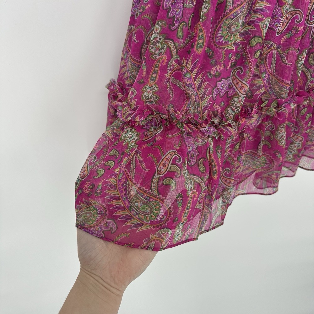 MISA Los Angeles Sz XS Fuschia Paisley Chiffon Mini Dress Smocked Waist Ruffle - Picture 7 of 9